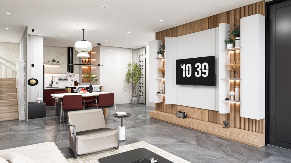 Jasa drafter autocad interior desain ruang tamu dengan tv dan furniture modern.