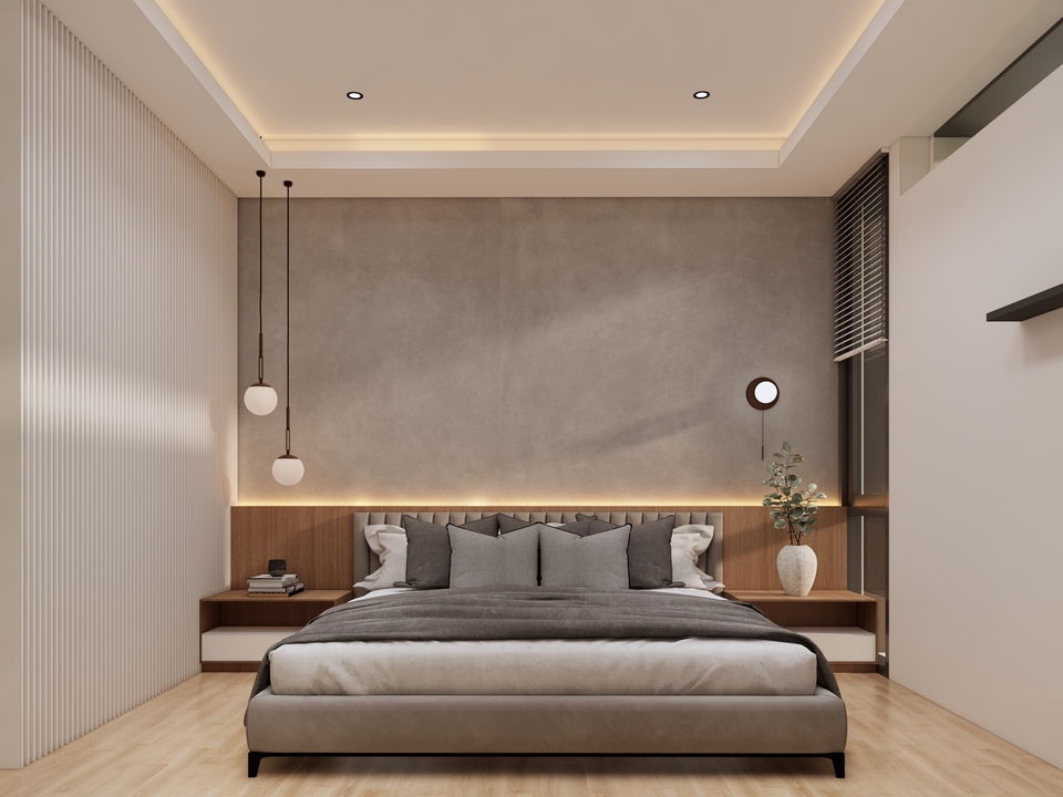 Desain kamar tidur minimalis dengan furniture kayu dan lampu gantung.