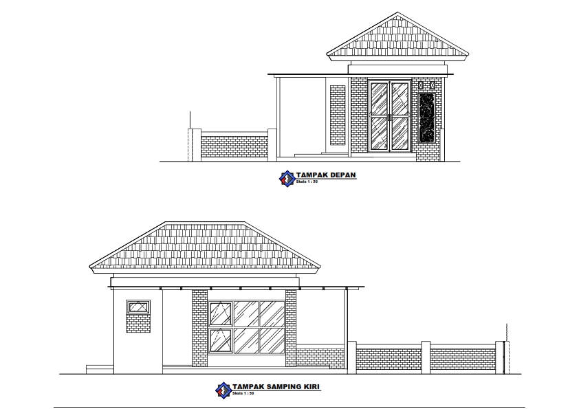 Jasa drafter autocad murah pembuatan denah rumah minimalis modern dengan desain tampak depan dan samping kiri.