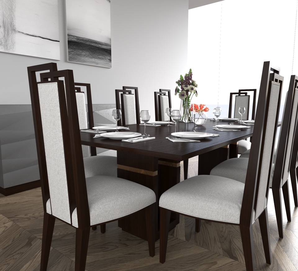 Jasa desain interior ruang makan minimalis dengan furnitur kayu dan kursi putih.