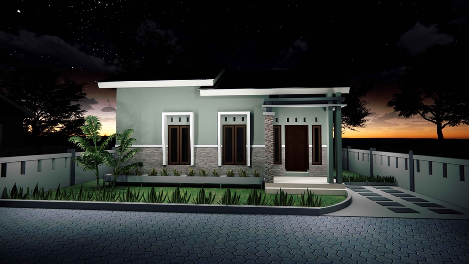 Jasa desain eksterior 3d untuk rumah minimalis dengan desain modern dan taman hijau.