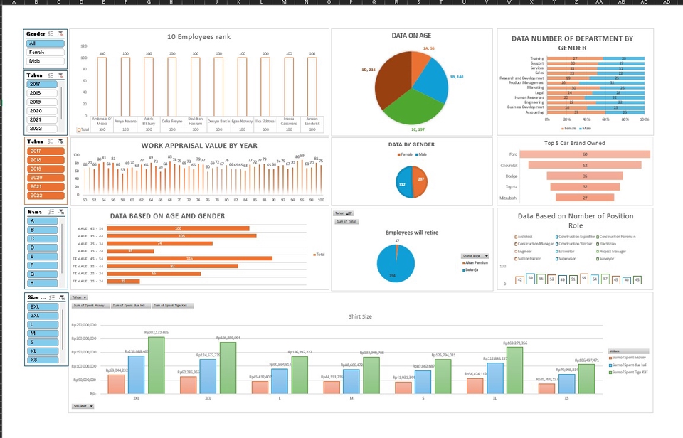 Jasa Analisis Data Statistik Deskriptif dengan Excel dan SPSS untuk menampilkan data demografi, penggajian, dan penilaian kinerja karyawan.