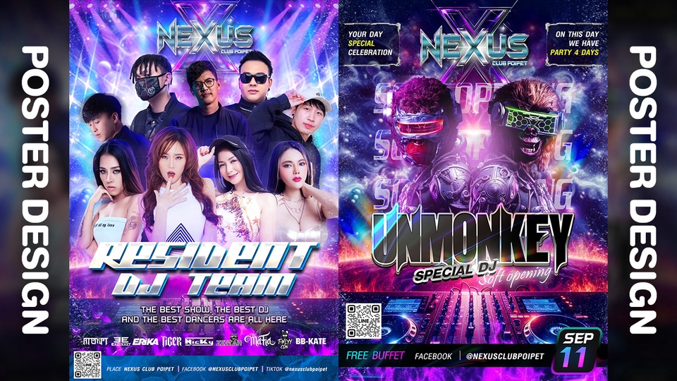 ออกแบบ banner ปาร์ตี้ เปิดตัว Resident DJ Team และ Unmonkey DJ ที่ Nexus Club โดยออกแบบแบนเนอร์ด้วยภาพของนักดนตรี และกิจกรรมในงาน