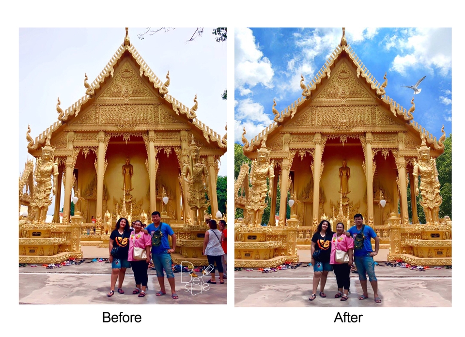 รับแต่งรูปภาพก่อนและหลัง ด้วยPhotoshop ปรับแสงสีภาพถ่าย วัดทองคำสวยงาม