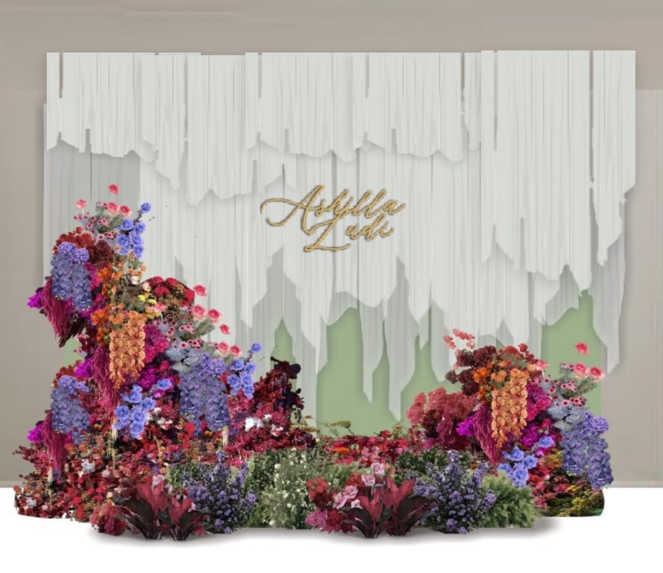 Jasa ilustrasi pernikahan dengan background putih dan bunga warna warni untuk dekorasi pelaminan.