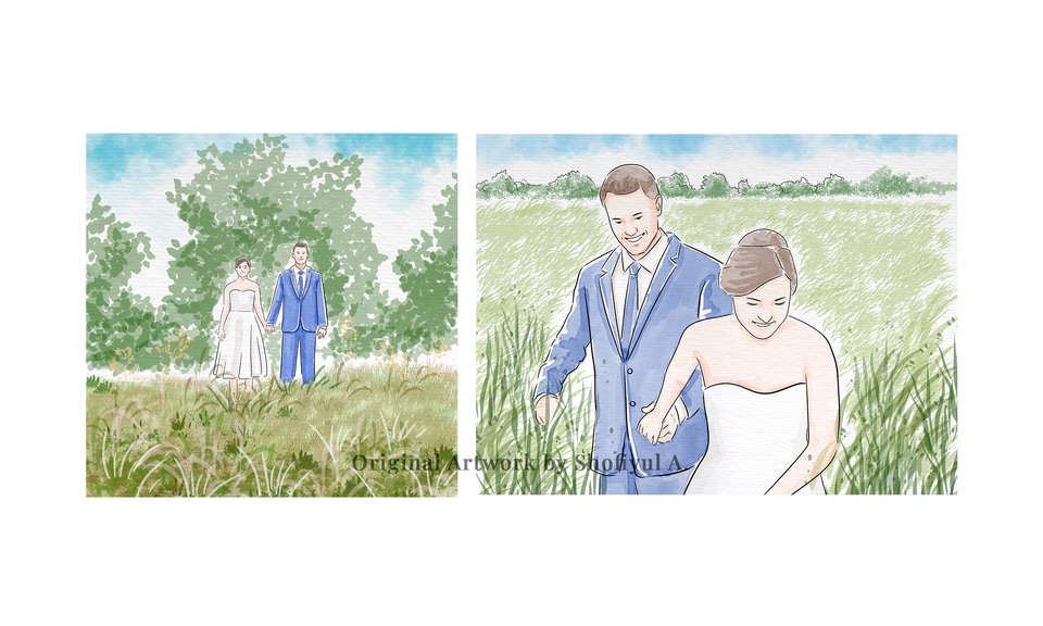 Jasa karikatur desain vektor wajah, karikatur pasangan pengantin tersenyum di taman hijau.