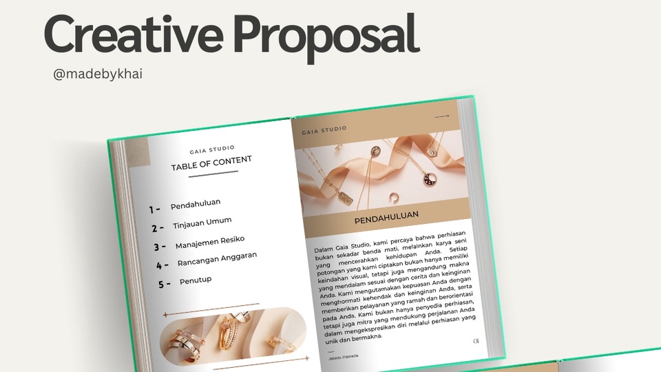 Contoh desain proposal untuk studio desain, berisi table of content, pendahuluan, tujuan umum, manajemen resiko, anggaran, dan penutup.