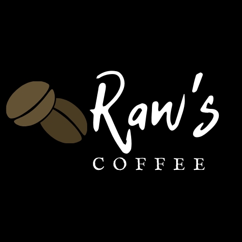 Logo "Raw's Coffee" dengan gambar biji kopi untuk desain logo cafe, desain logo rumah makan, desain logo restoran, desain logo warung makan, desain logo online shop