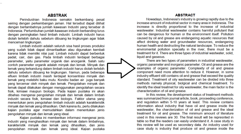 Gambar ini menunjukkan contoh terjemahan bahasa Inggris ke Bahasa Indonesia, terkait limbah industri, menunjukkan layanan jasa terjemahan profesional dari platform freelance.