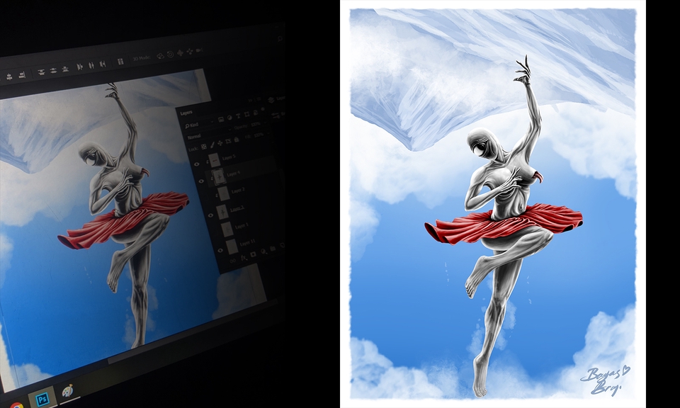 Ilustrasi digital seorang wanita berbaju merah sedang menari di atas awan