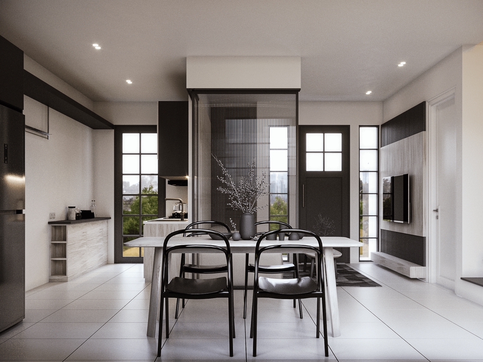 Desain interior ruangan makan minimalis modern dengan meja kayu dan kursi hitam