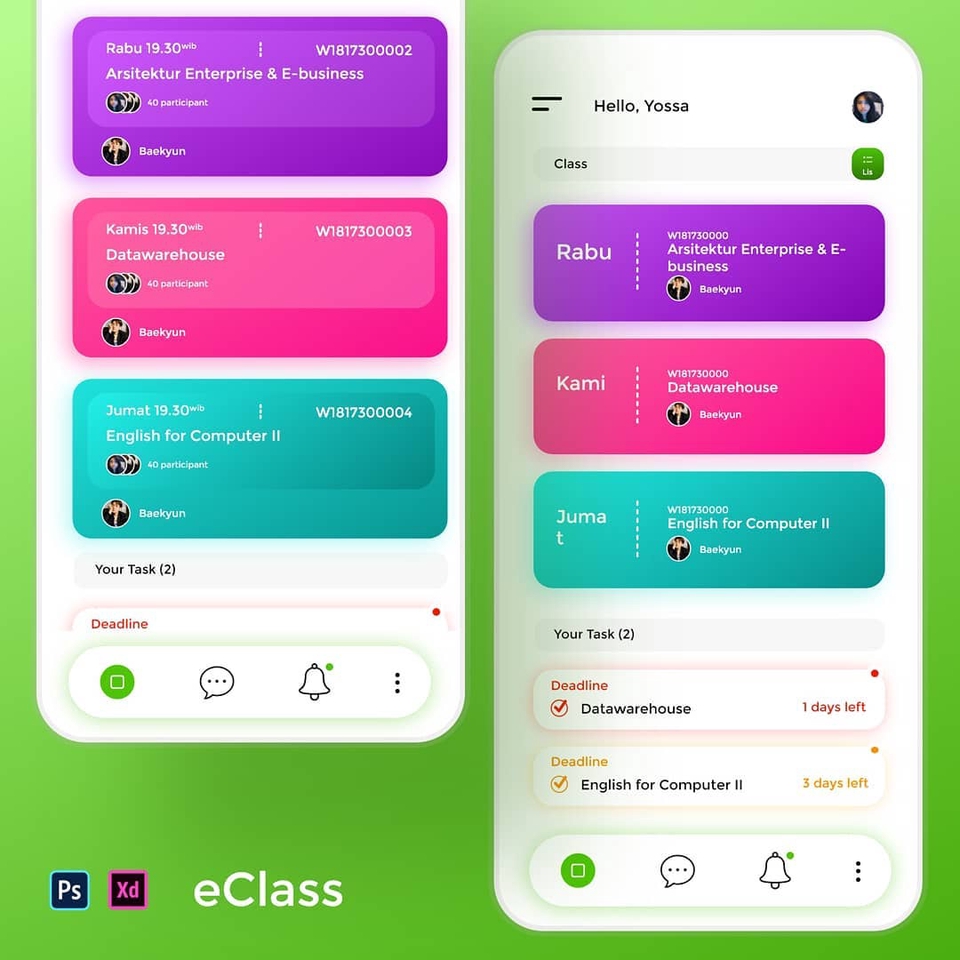 Desain UI UX aplikasi mobile untuk platform belajar online dengan fitur deadline tugas, menampilkan tampilan interface antarmuka pengguna dan pengalaman pengguna yang ramah