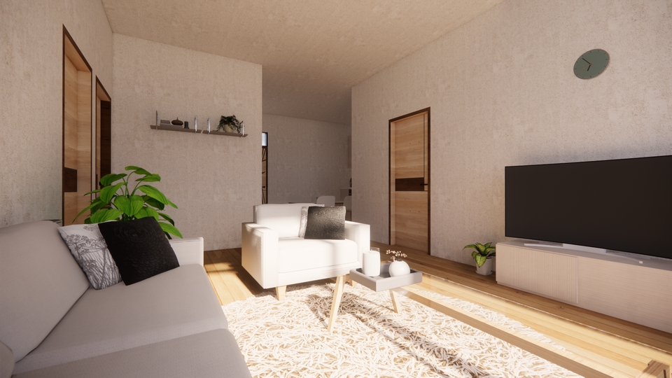 Jasa desain interior minimalis untuk ruang tamu dan ruang keluarga dengan sofa dan TV, desain rumah modern.