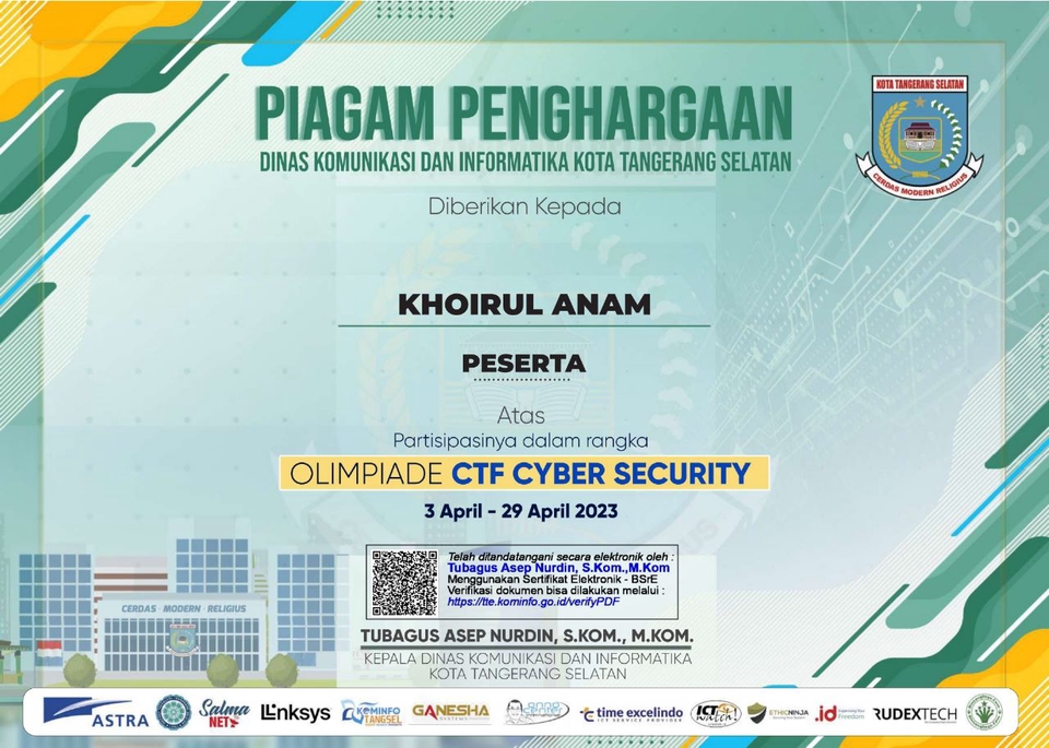 Piagam penghargaan untuk KHOIRUL ANAM atas partisipasinya dalam Olimpiade CTF Cyber Security,  3-29 April 2023, yang diberikan oleh Dinas Komunikasi dan Informatika Kota Tangerang Selatan.