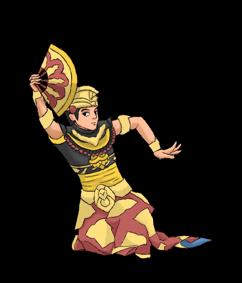 Jasa desain karakter kartun vtuber dengan kostum tradisional dan memegang kipas.