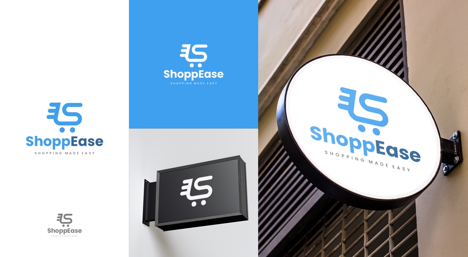 Desain logo toko online "ShoppEase" dengan ikon kereta belanja, cocok untuk jasa desain logo toko online.