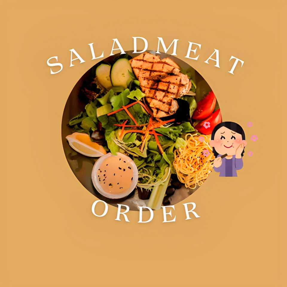 Desain logo restoran dengan konsep salad dan daging, cocok untuk restoran makanan cepat saji.