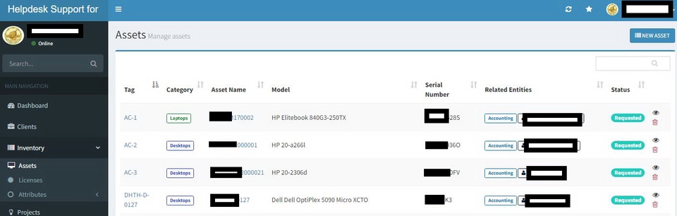 ภาพหน้าจอแสดงรายการเซิร์ฟเวอร์ที่บริหารจัดการโดยระบบ helpdesk ซึ่งมีรายละเอียดเกี่ยวกับชื่อเซิร์ฟเวอร์ รุ่น หมายเลขซีเรียล และสถานะการทำงาน