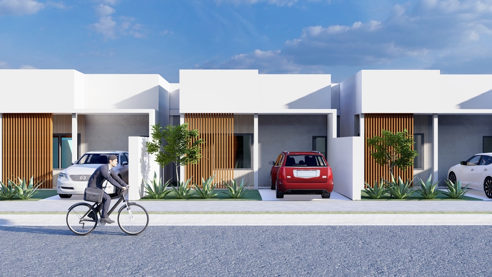 Desain rumah minimalis modern dengan taman hijau di depan.