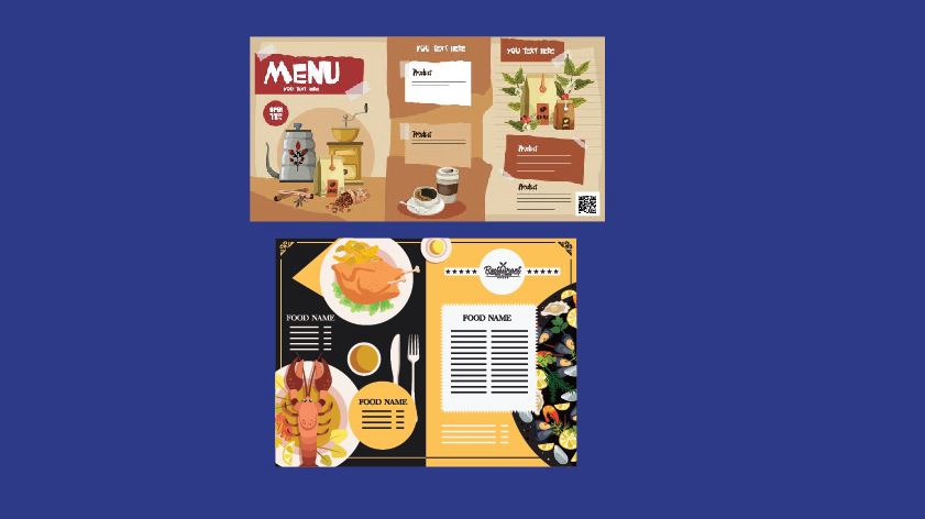 Desain menu makanan restoran dengan ilustrasi makanan dan minuman