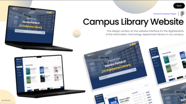 Contoh desain website perpustakaan kampus dengan tampilan modern dan interaktif untuk memudahkan akses informasi dan koleksi buku. Desain UI UX website perpustakaan.