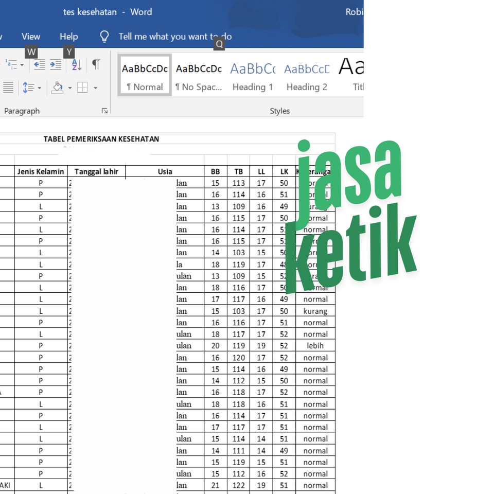 Jasa pengetikan data tabel kesehatan untuk pasien