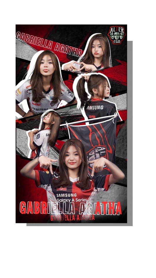 Desain poster atlet esports Gabriella Agatha, Alter Ego. Jasa desain poster online, desain poster keren.