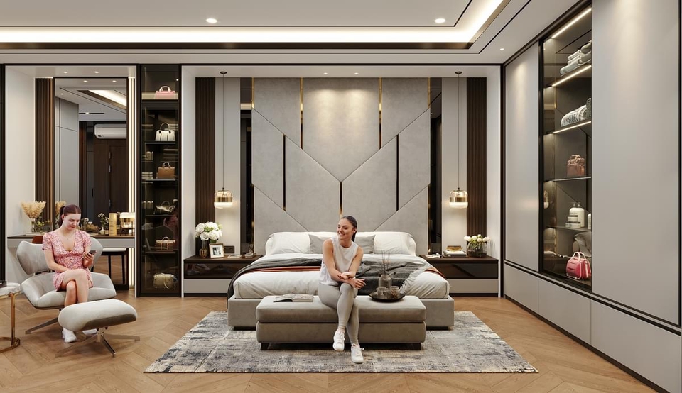 Desain interior kamar tidur modern dengan desain lemari baju minimalis, meja tv dan rak dinding