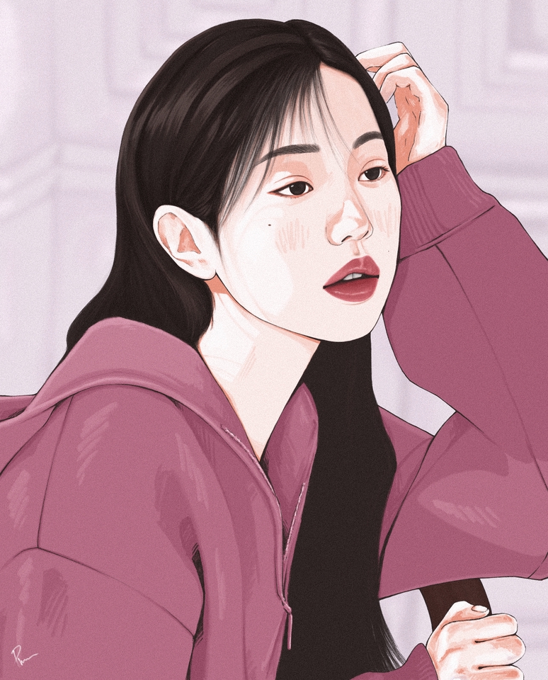 รับวาดภาพเหมือนสไตล์การ์ตูน ผู้หญิงผมยาว เสื้อฮู้ดสีชมพู ภาพวาดภาพเหมือนสวยงาม