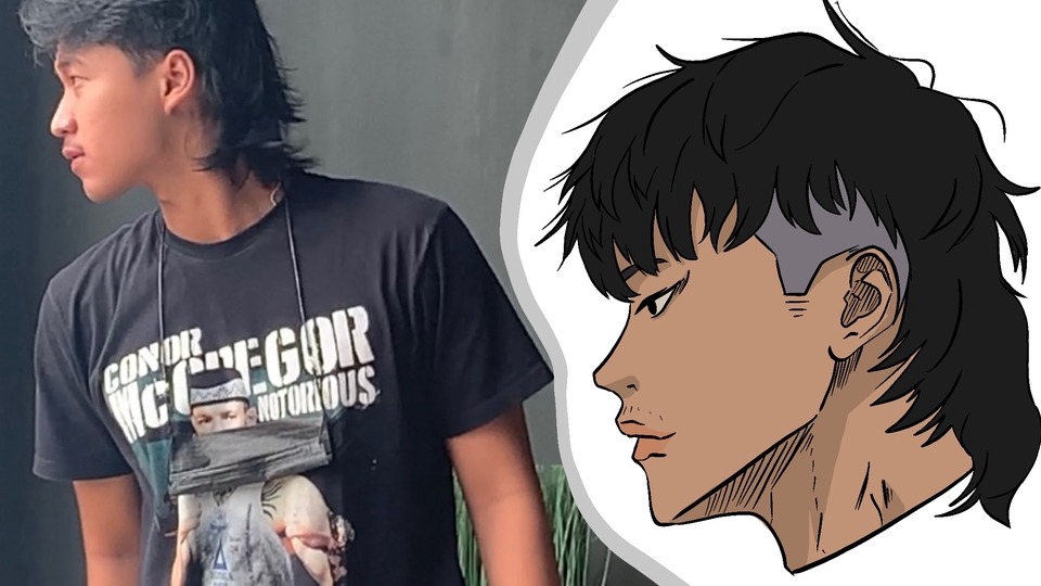 Ilustrasi kartun pria dengan rambut gondrong dan baju hitam bertuliskan Conor McGregor