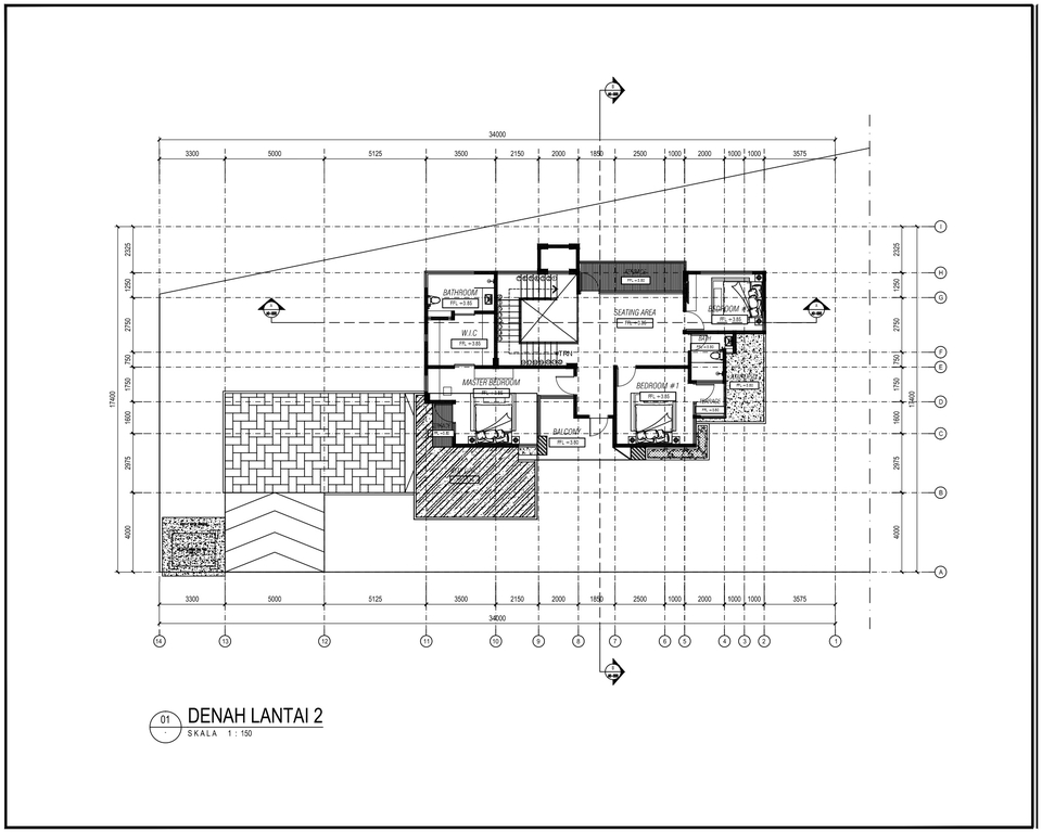 Jasa drafter autocad arsitek interior murah, denah lantai 2 desain rumah modern.