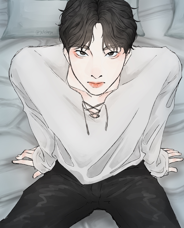 Ilustrasi pria berambut hitam mengenakan kemeja putih dan celana hitam sedang duduk di atas tempat tidur