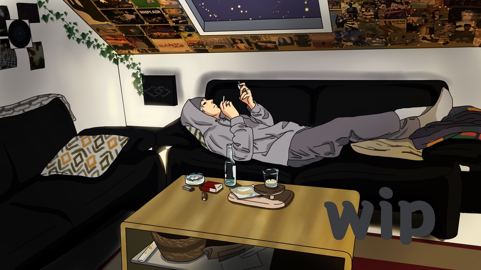 Jasa ilustrasi digital anime seorang pemuda bersantai di sofa, ilustrasi WIP