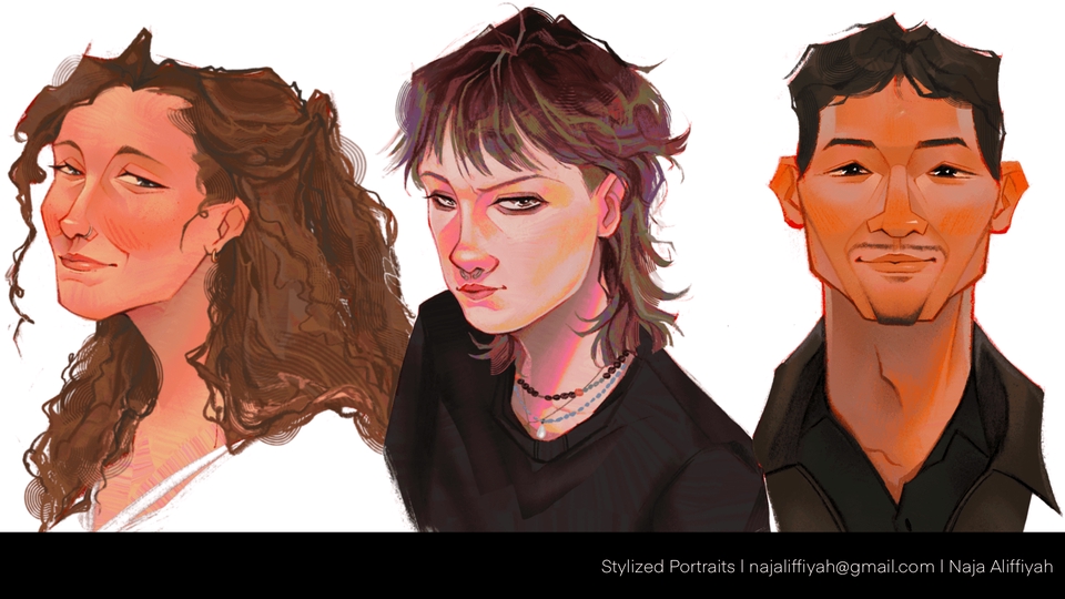 Jasa karikatur desain vektor wajah, gambar ilustrasi tiga orang dengan gaya kartun modern.