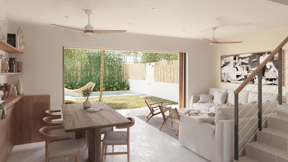 Jasa desain interior rumah minimalis modern dengan kolam renang dan teras kayu
