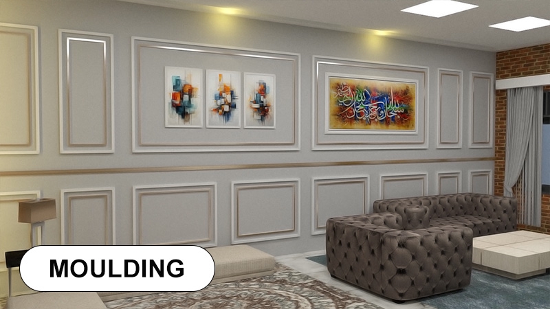 Desain ruang tamu minimalis dengan aksen moulding dan furniture kayu jati