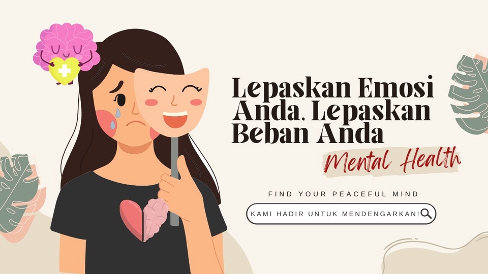 Ilustrasi wanita yang sedang memegang topeng senyum, merasa tertekan, dan membutuhkan layanan psikologi online untuk pengembangan diri.