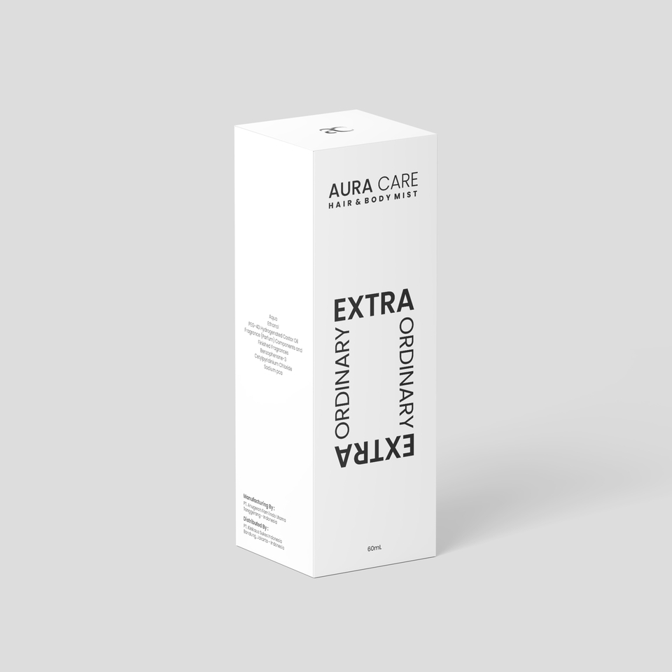 Desain kemasan unik untuk produk hair & body mist dengan logo dan label EXTRA ORDINARY - jasa desain kemasan produk - desain kemasan botol - desain kemasan unik