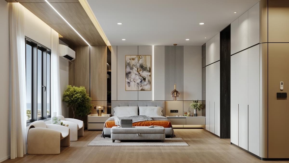 Desain kamar tidur modern minimalis dengan lemari pakaian dan rak dinding, furniture desain 3d.