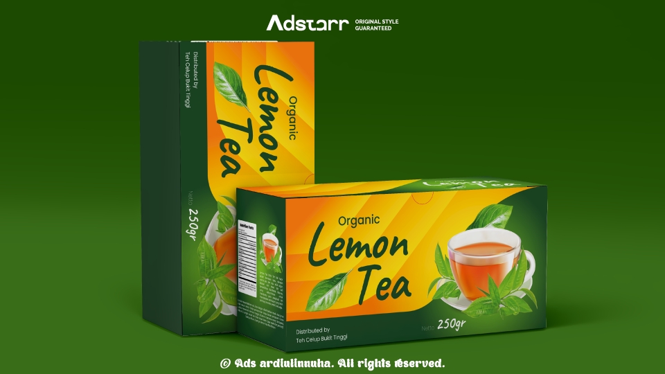 Jasa desain kemasan produk minuman teh lemon organik dengan desain yang unik dan menarik.