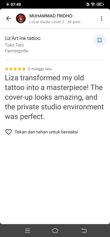Jasa review google maps - review positif untuk toko tato Liz'Art Ink di Farmingville