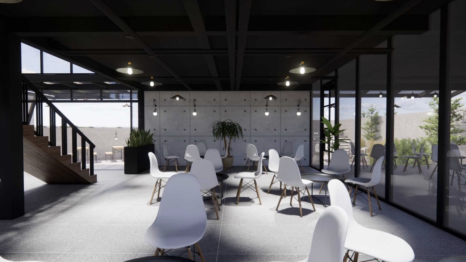 Jasa desain interior cafe minimalis dan modern dengan interior ruang tunggu yang nyaman.
