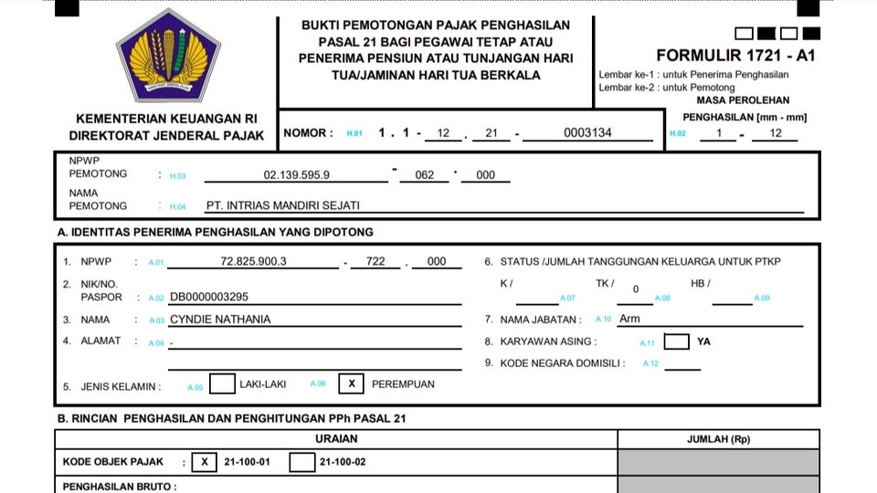 Perhitungan Gaji / Payroll Calculation / Bukti Potong PPh 21