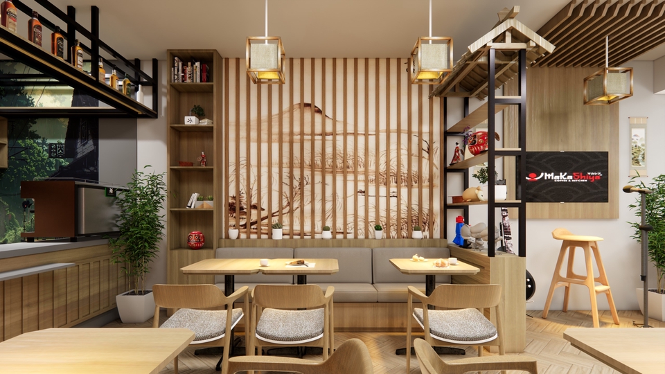Desain interior cafe minimalis modern dengan konsep terbuka dan meja kayu.  Jasa desain interior cafe minimalis murah.  Desain interior cafe kekinian.  Jasa desain interior kafe modern di Indonesia.