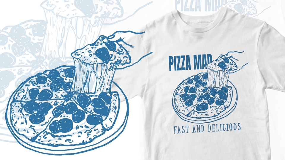 Desain kaos dengan gambar pizza dan tulisan "Pizza Mad Fast and Delicious" cocok untuk desain kaos distro atau custom.