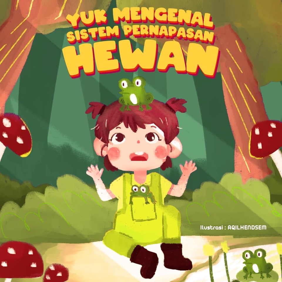 Ilustrasi kartun anak belajar tentang sistem pernapasan hewan.