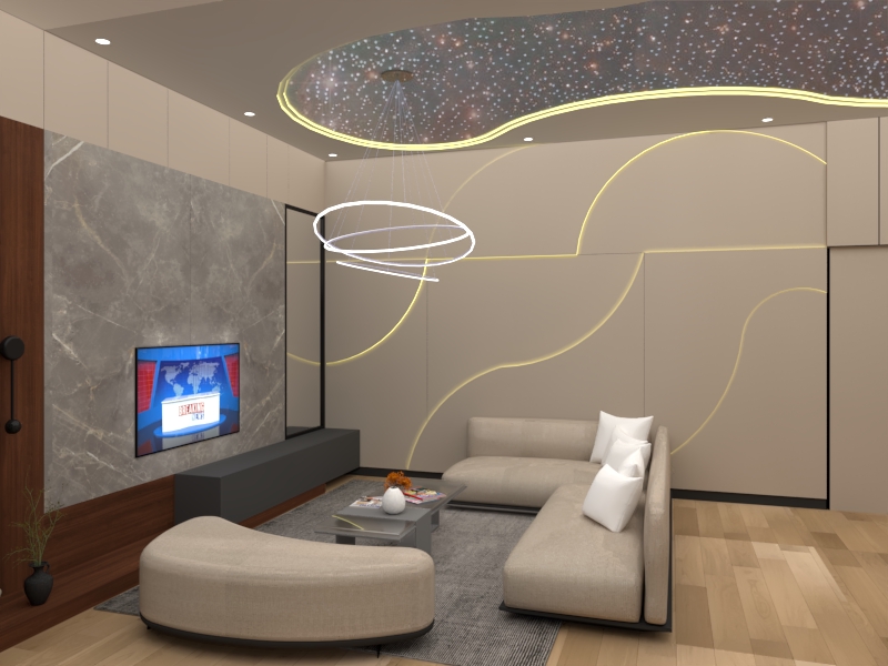 Jasa desain interior ruang tamu minimalis dengan sofa dan lampu gantung 3D