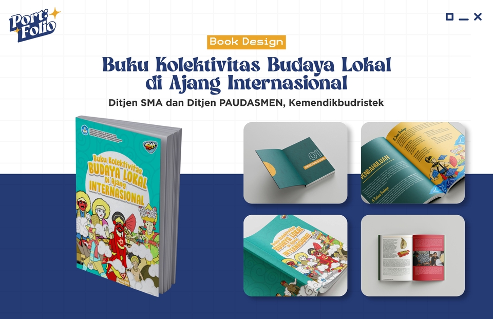 Desain cover buku tentang budaya lokal di ajang internasional, buku kolektivitas SMA dan DItjen PAUDASMEN Kemendikbudristek