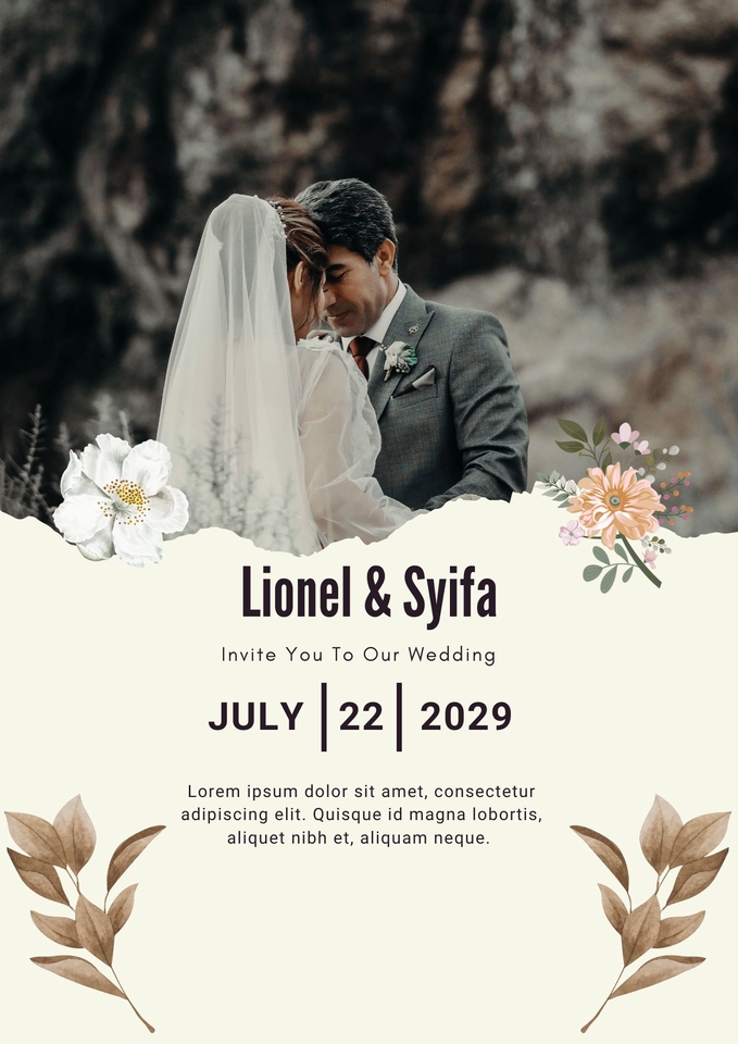 Kartu undangan pernikahan dengan desain simpel dan elegan dengan nama Lionel & Syifa dan tanggal pernikahan 22 Juli 2029.