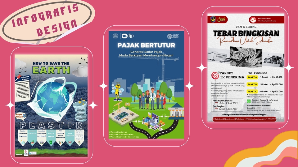 Infografis tentang bagaimana cara menyelamatkan bumi dengan menggunakan plastik, desain infografis untuk pajak, dan desain infografis tentang program Tebar Bingkisan
